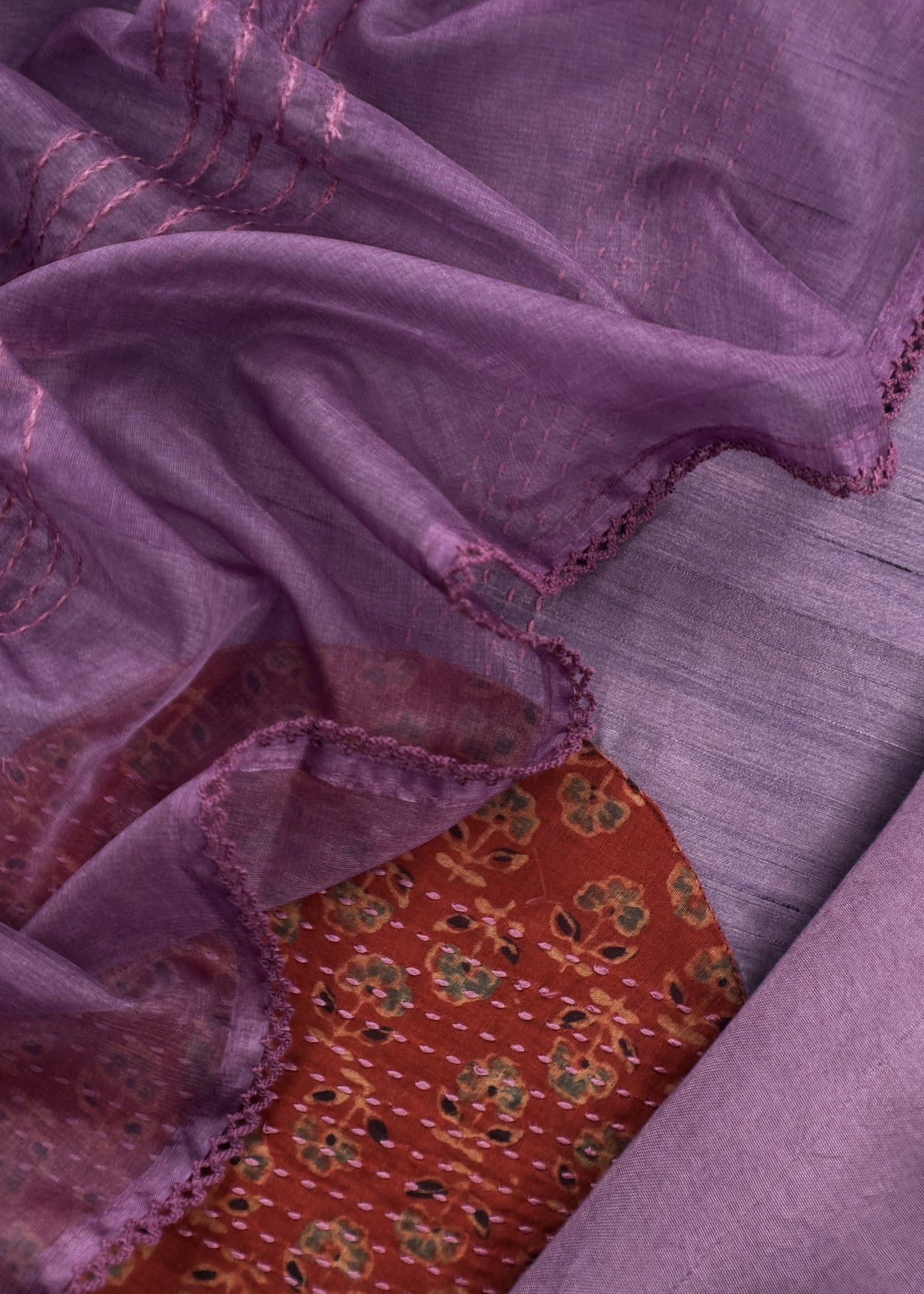 Purple Raw Silk kurta And Organza Dupatta With Ajrakh Appliqué Work