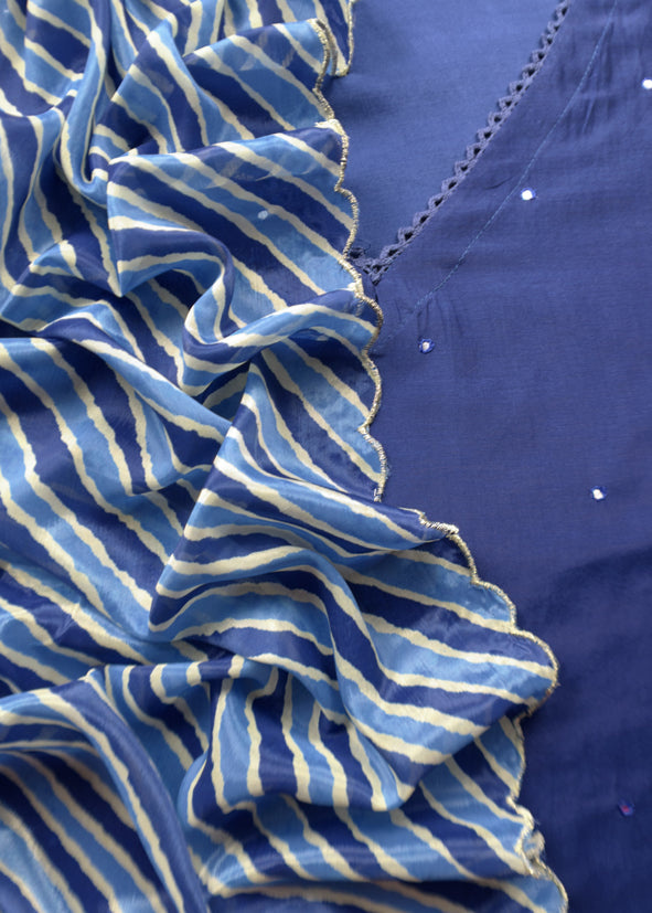 Blue Mul Chanderi Unstitched Suit With Lehariya Dupatta