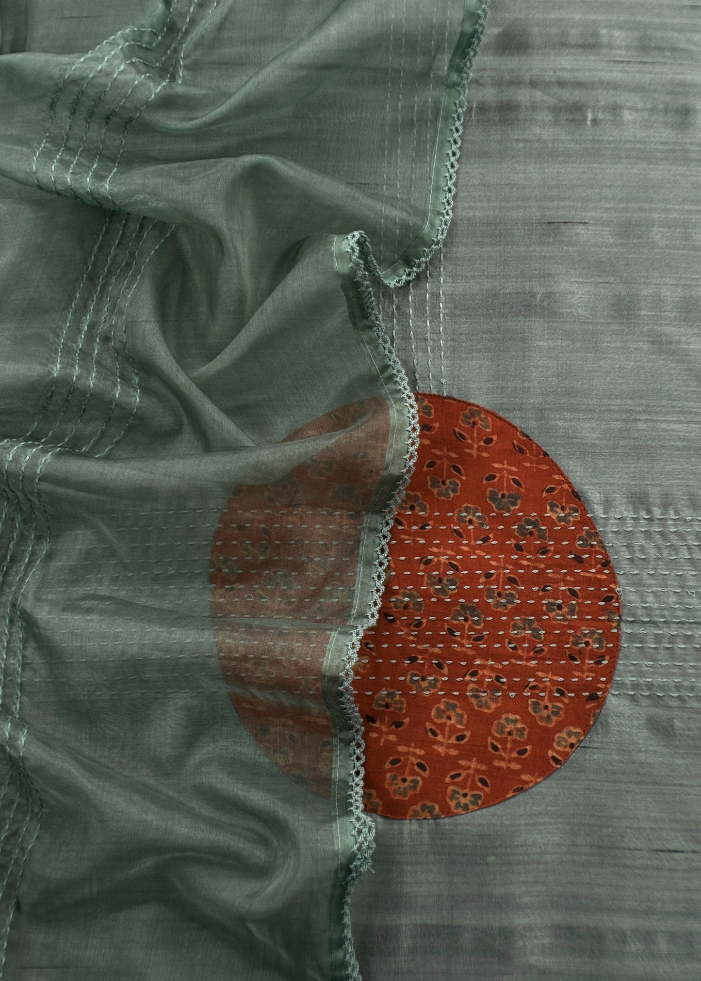 Pine Green Raw Silk kurta And Organza Dupatta With Ajrakh Appliqué Work