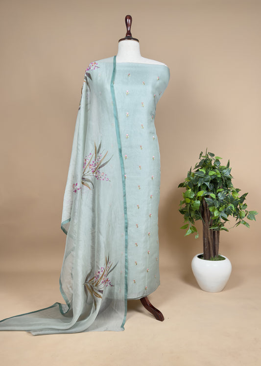 Blue Pure organza Unstitched suit with Resham Embroidery and Hand-painted Dupatta