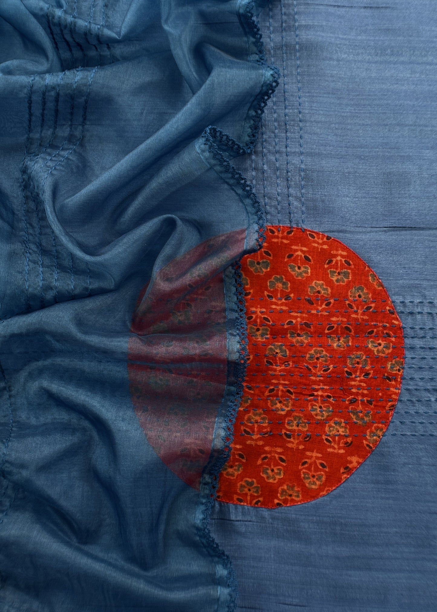 Dark Blue Raw Silk kurta And Organza Dupatta With Ajrakh Appliqué Work