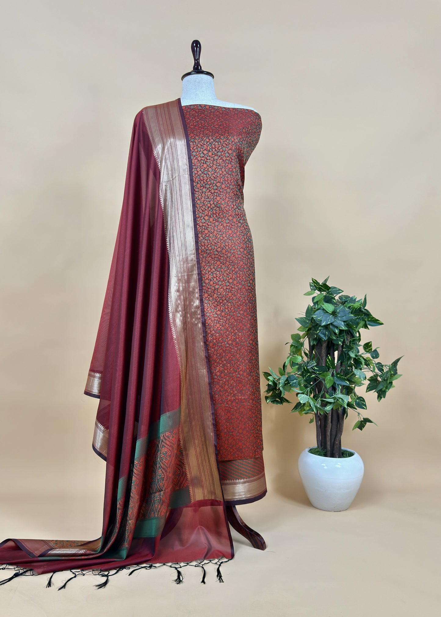 Maroon Pure Silk Suit with Meenakari Kani weaving