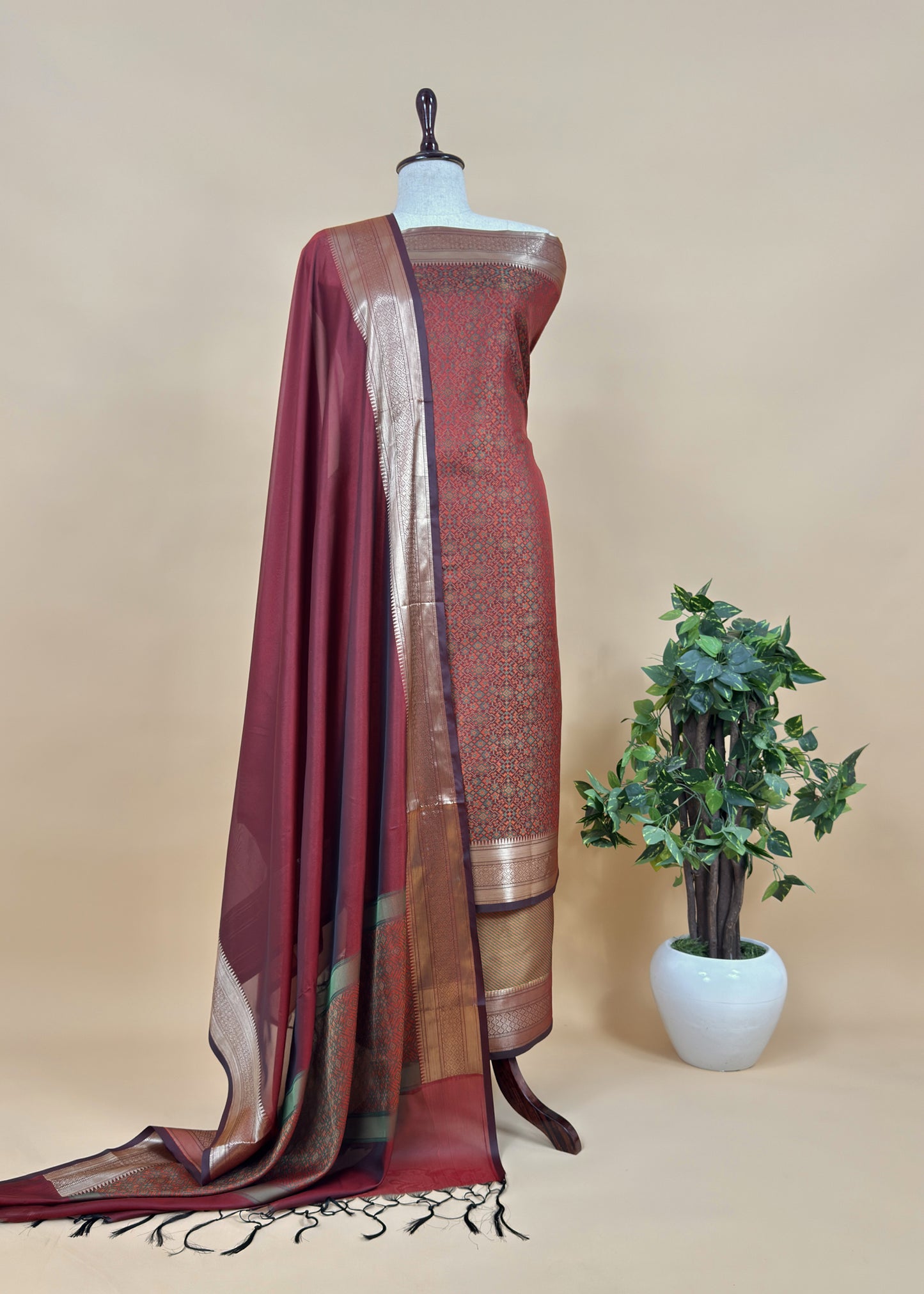 Wine Pure Silk Suit with Meenakari Multicolour Weaving