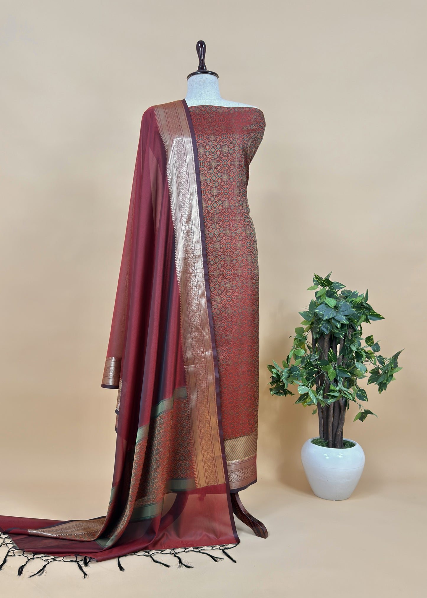 Wine Pure Silk Suit with Meenakari Multicolour Weaving