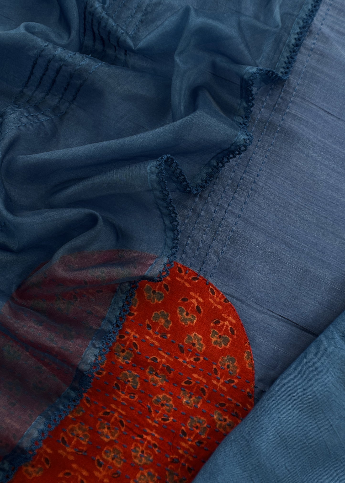 Dark Blue Raw Silk kurta And Organza Dupatta With Ajrakh Appliqué Work