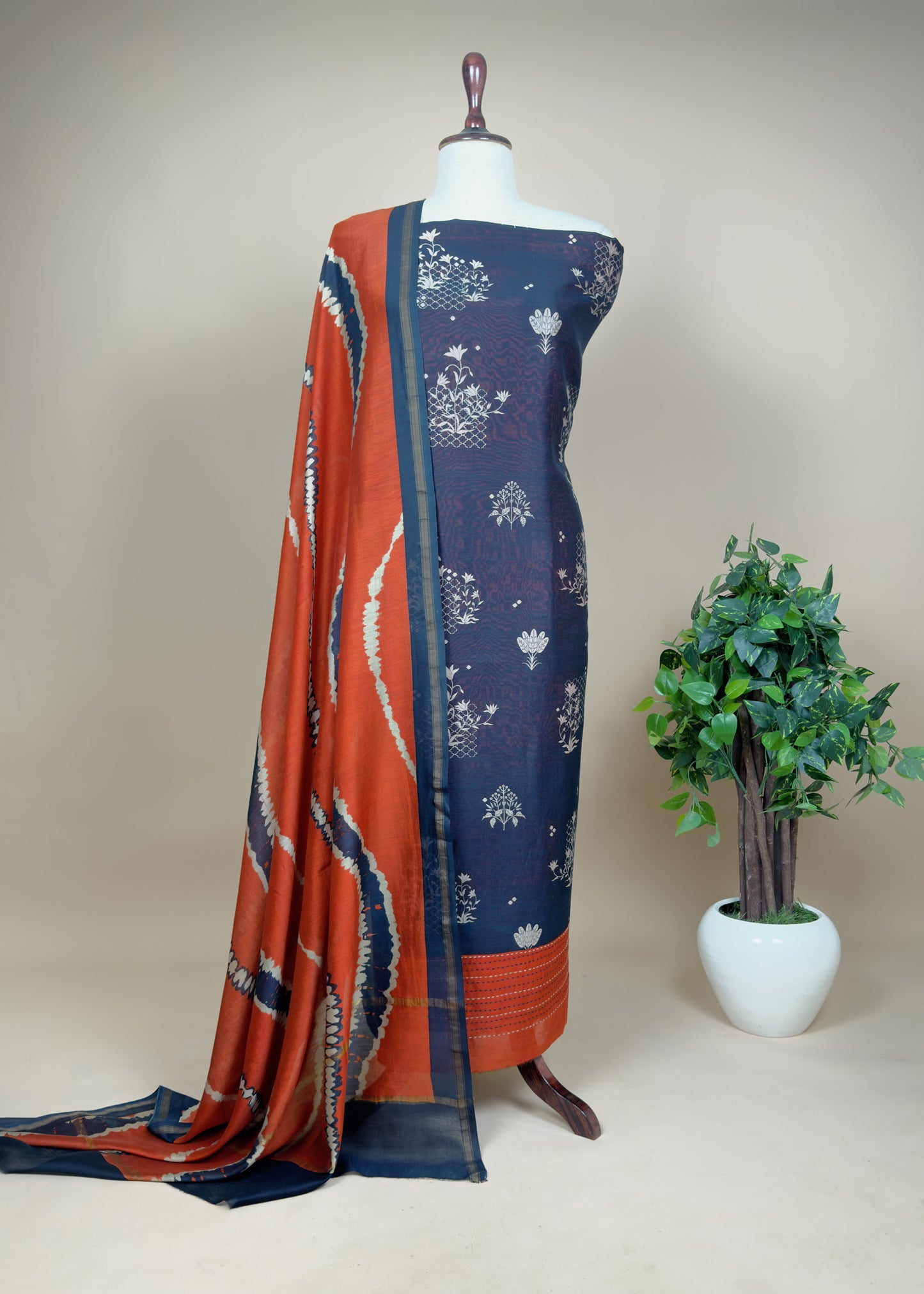 Blue with Orange Handloom Patola Unstitched Suit in Maheshwari Silk