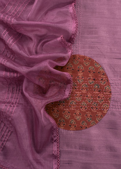 Mauve Raw Silk kurta And Organza Dupatta With Ajrakh Appliqué Work