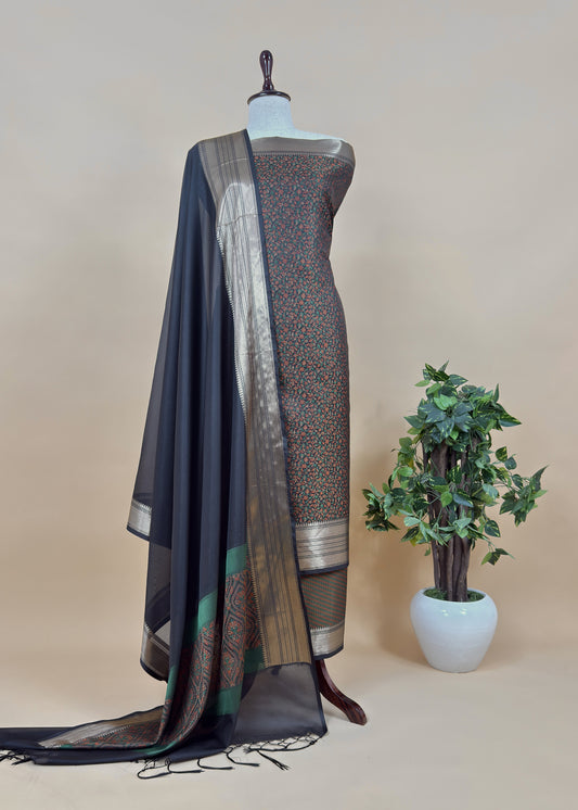 Black Pure Silk Suit with Meenakari multicolour weaving