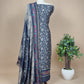 Blue Block Print Handloom Maheshwari Silk Unstitched Dupatta-suit with Kantha embroidery