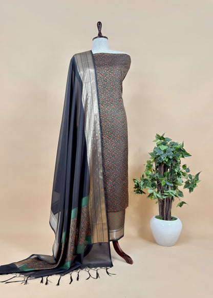 Black Pure Silk Suit with Meenakari multicolour weaving