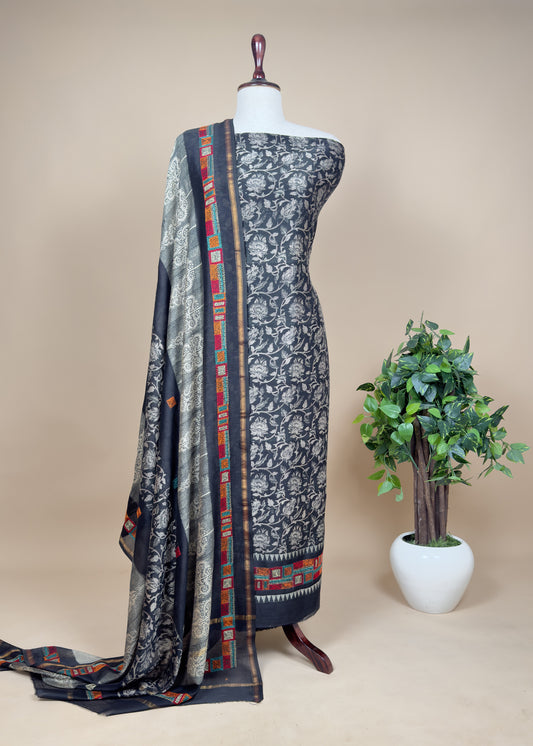 Block Print Handloom Maheshwari Silk Unstitched Dupatta-Suit With Kantha Embroidery