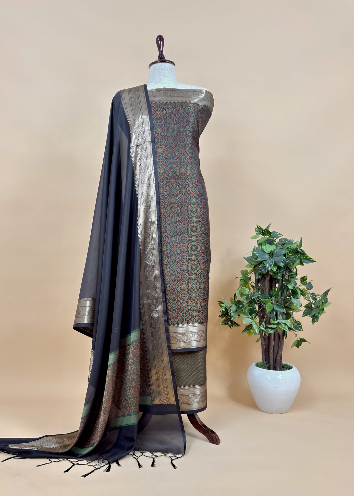 Wine Pure Silk Suit with Meenakari Multicolour Weaving