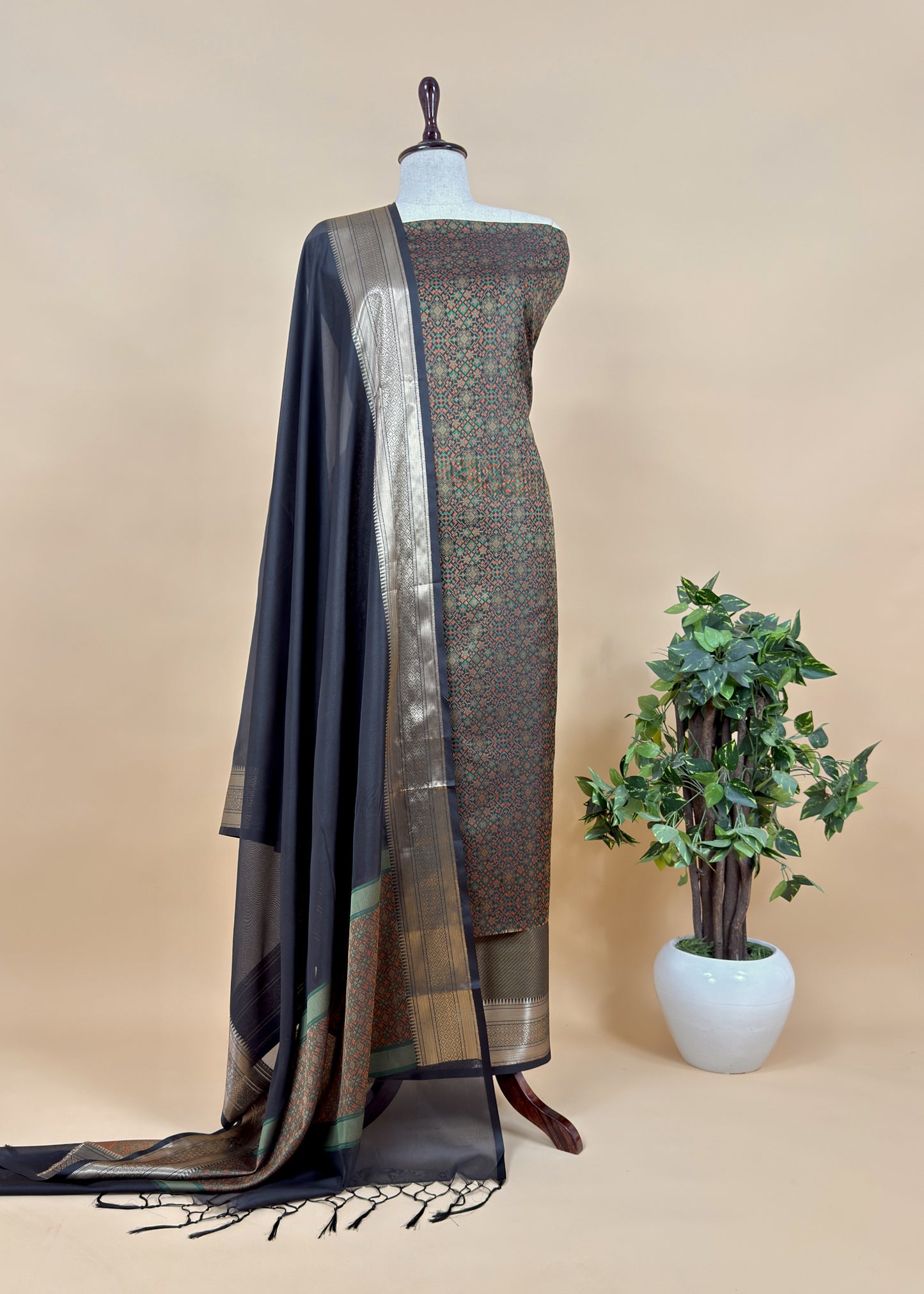 Wine Pure Silk Suit with Meenakari Multicolour Weaving