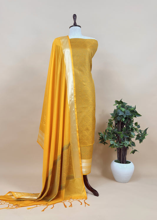 Yellow Pure Silk Suit with Meenakari Multicolour Weaving