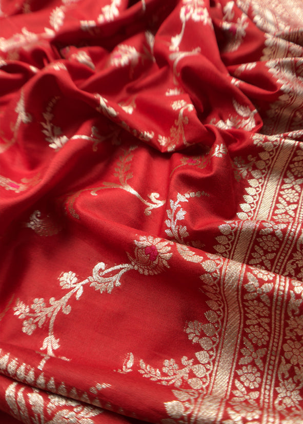 Red Banarasi Suit In Mulberry Silk With Jacuard Weaving