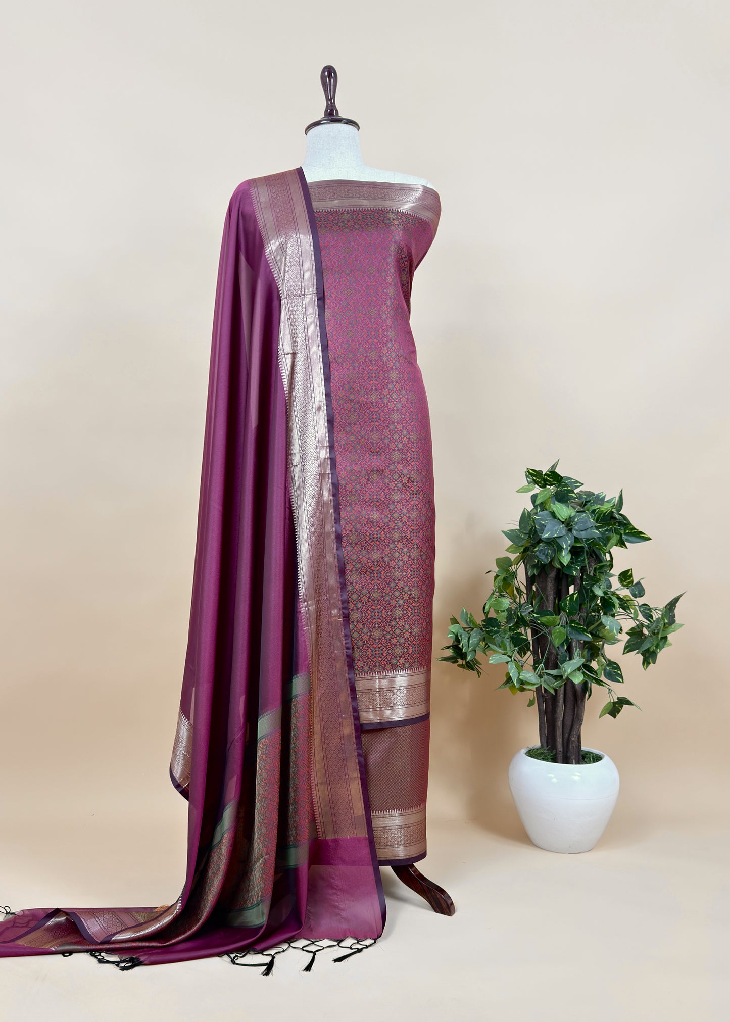 Wine Pure Silk Suit with Meenakari Multicolour Weaving