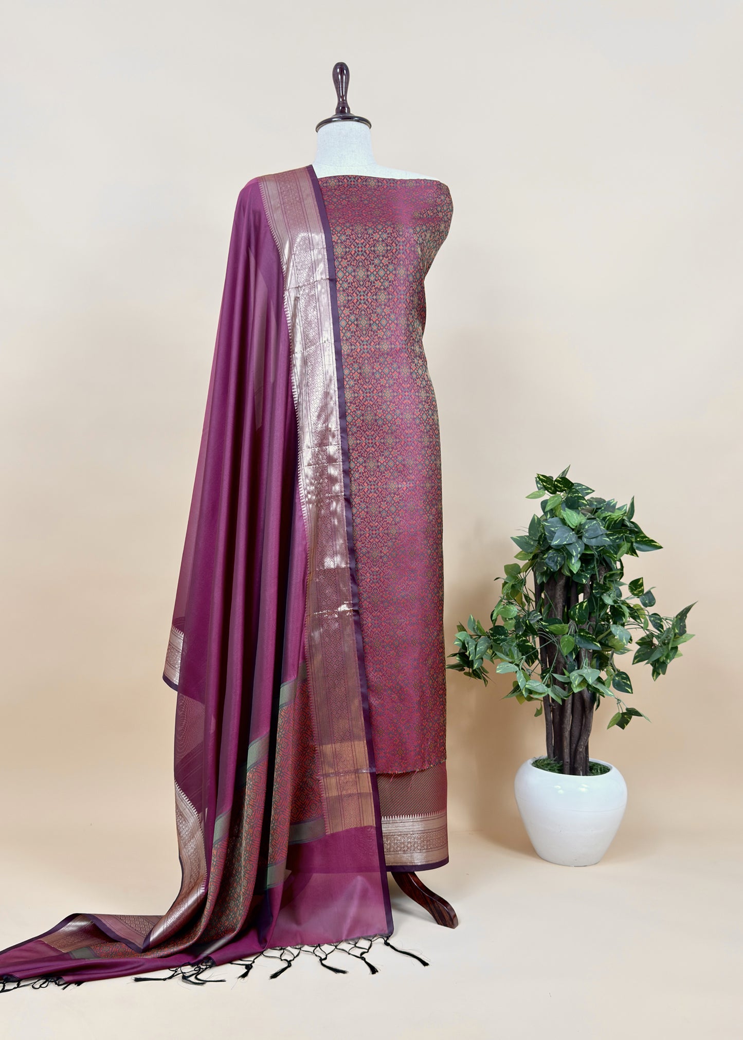 Wine Pure Silk Suit with Meenakari Multicolour Weaving