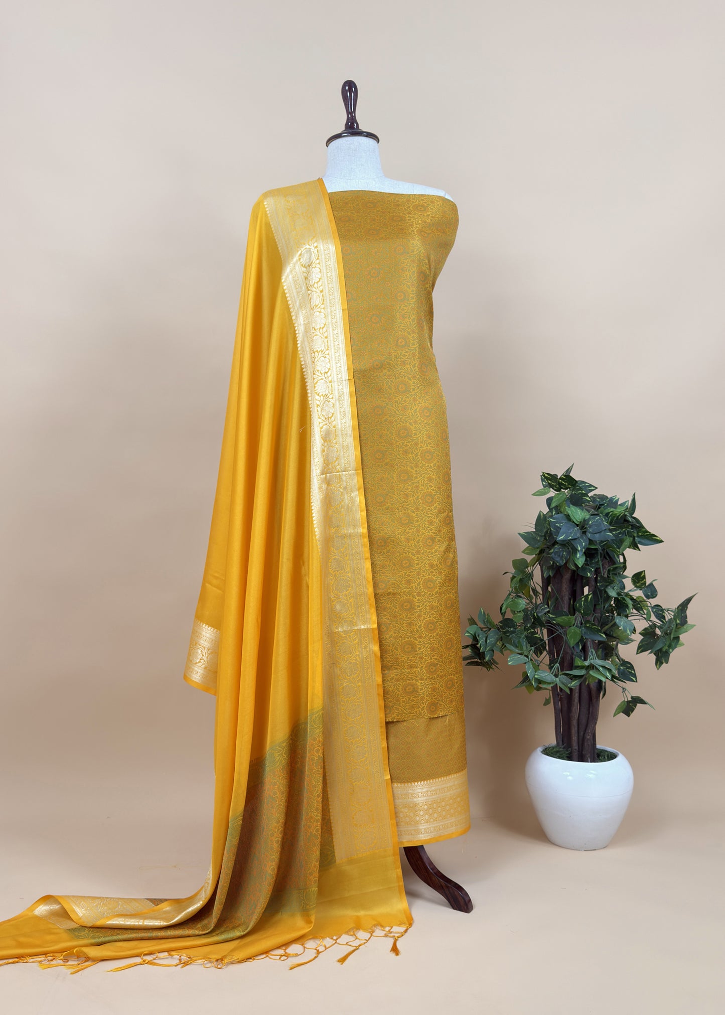 Yellow Pure Silk Suit with Meenakari multicolour weaving