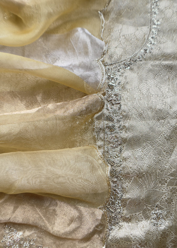 Yellow Gold Varanasi Brocade Silk Kurta And Double Panel Tissue Dupatta With Handwork
