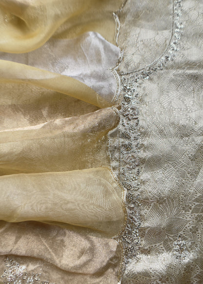 Yellow Gold Varanasi Brocade Silk Kurta And Double Panel Tissue Dupatta With Handwork