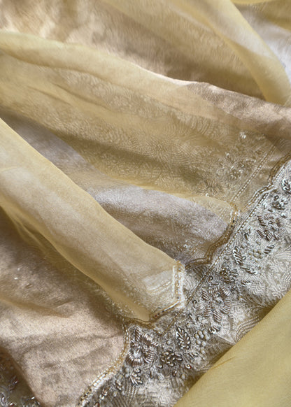 Yellow Gold Varanasi Brocade Silk Kurta And Double Panel Tissue Dupatta With Handwork