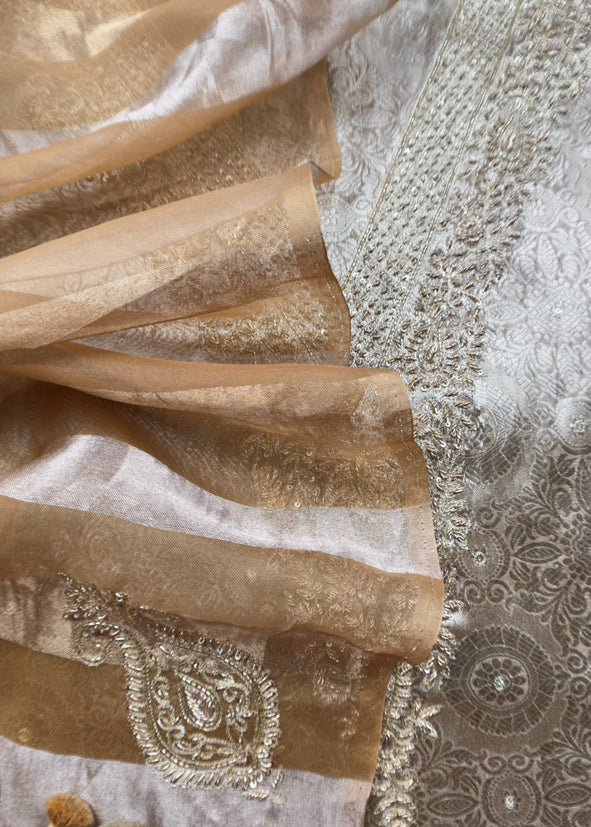 Gold Varanasi Brocade Silk Kurta And Double Panel Tissue Dupatta With Handwork