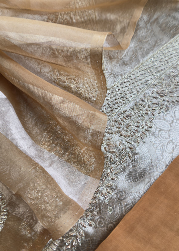 Gold Varanasi Brocade Silk Kurta And Double Panel Tissue Dupatta With Handwork