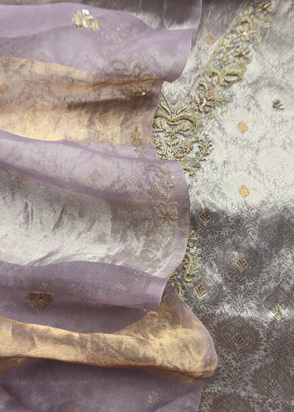 Purple Varanasi Brocade Silk Kurta And Double Panel Tissue Dupatta With Handwork