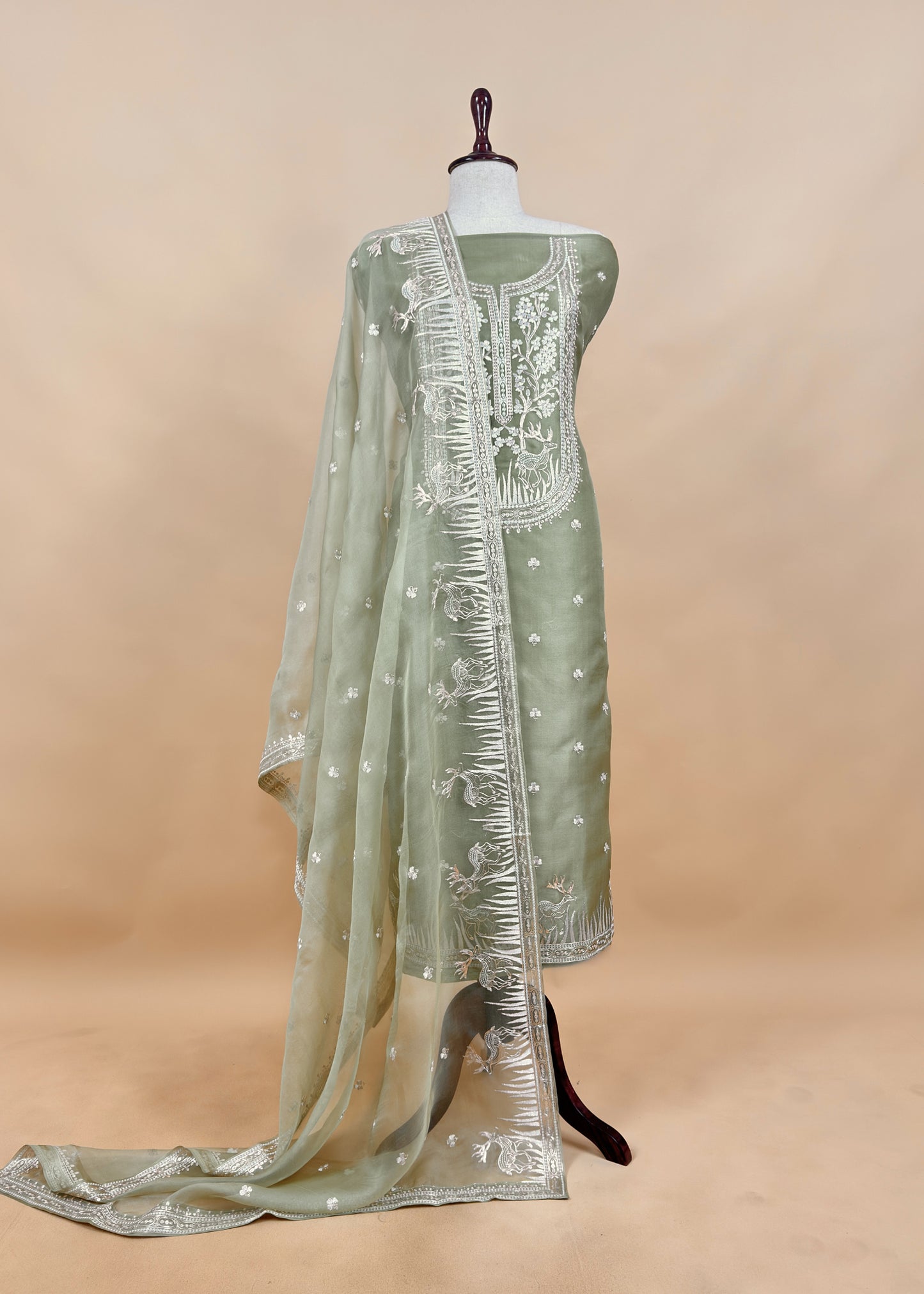Luxe The Green Pure Kora Silk Suit With Gold And Silver Pitta Handwork