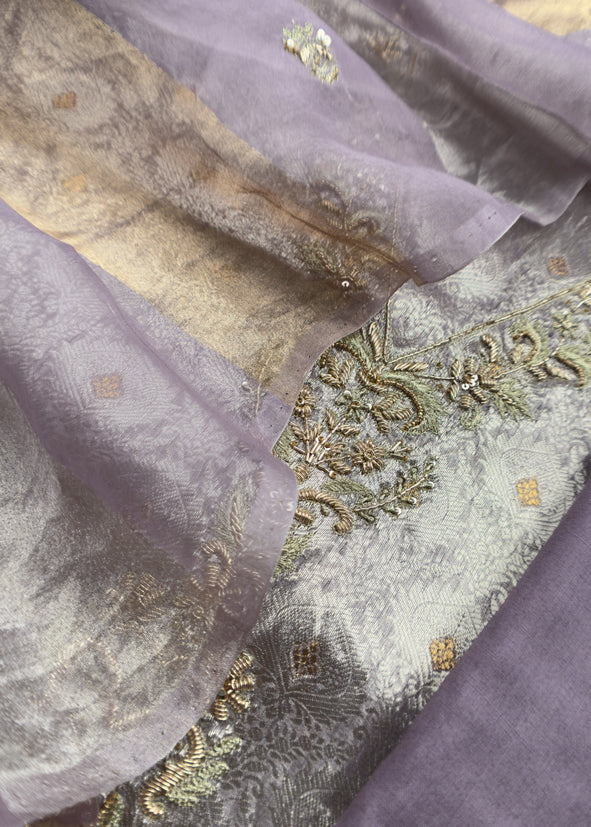 Purple Varanasi Brocade Silk Kurta And Double Panel Tissue Dupatta With Handwork