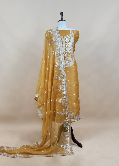 Luxe The Yellow Pure Kora Silk Suit With Gold And Silver Pitta Handwork