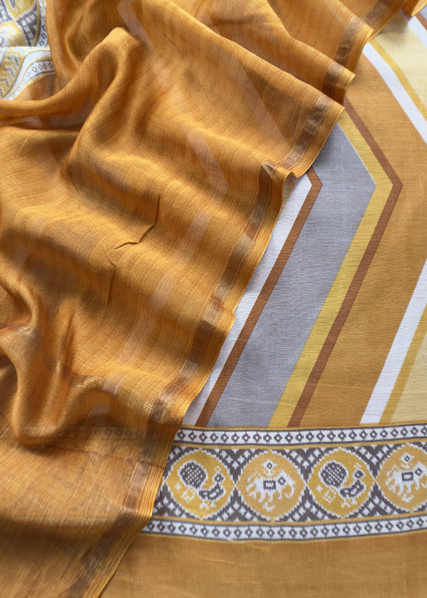 Mustard Yellow Lehariya Print Maheshwari Silk Unstitched Suit