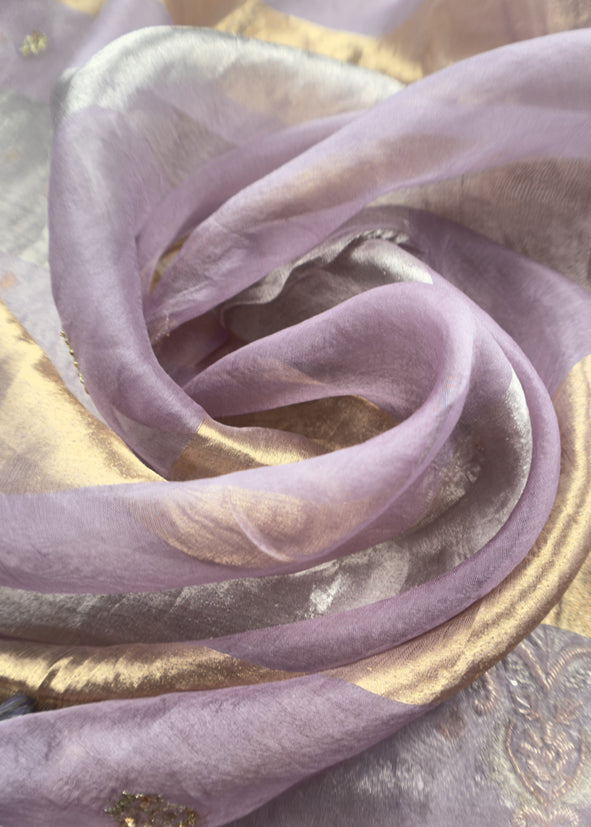 Purple Varanasi Brocade Silk Kurta And Double Panel Tissue Dupatta With Handwork