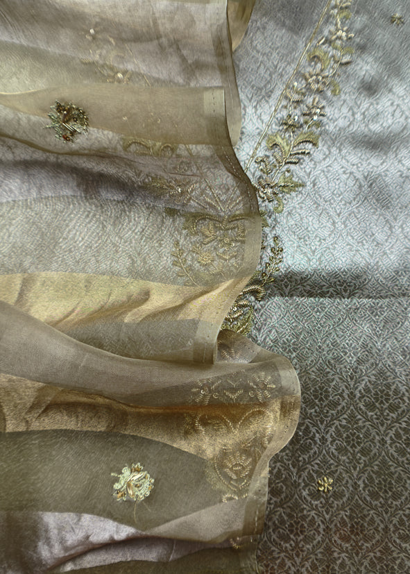 Sage Grey Varanasi Brocade Silk Kurta And Double Panel Tissue Dupatta With Handwork