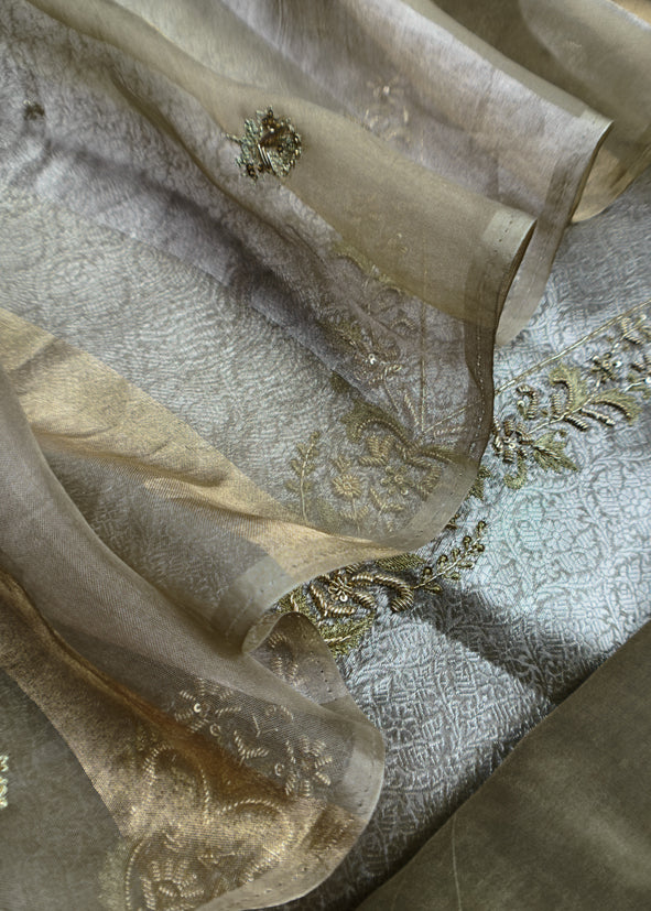 Sage Grey Varanasi Brocade Silk Kurta And Double Panel Tissue Dupatta With Handwork