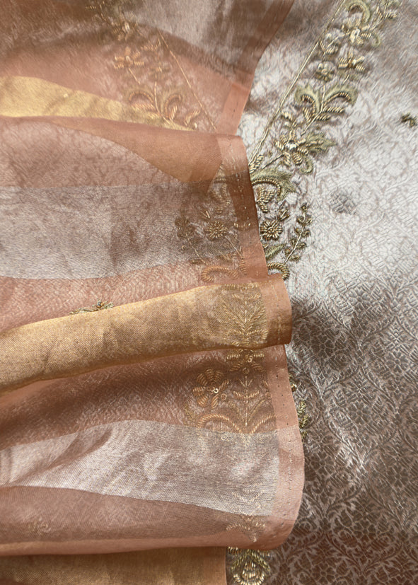 Peach Varanasi Brocade Silk Kurta And Double Panel Tissue Dupatta With Handwork