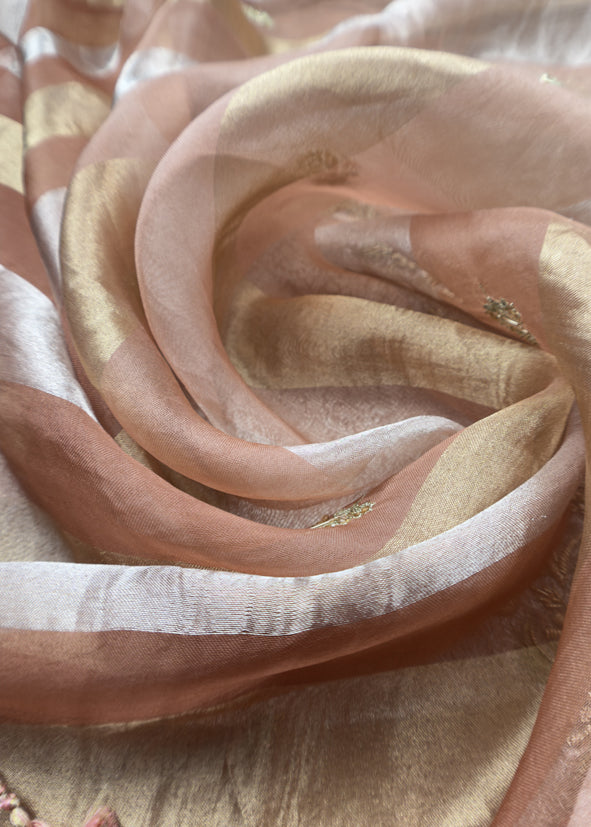 Peach Varanasi Brocade Silk Kurta And Double Panel Tissue Dupatta With Handwork