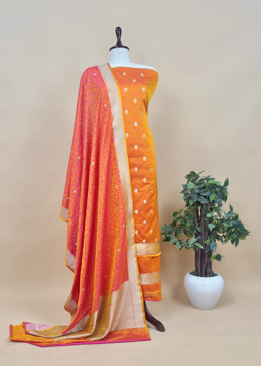 Orange Dhup Chaav Pure Katan Silk Suit Fabric With Meenakari Zari Weaving