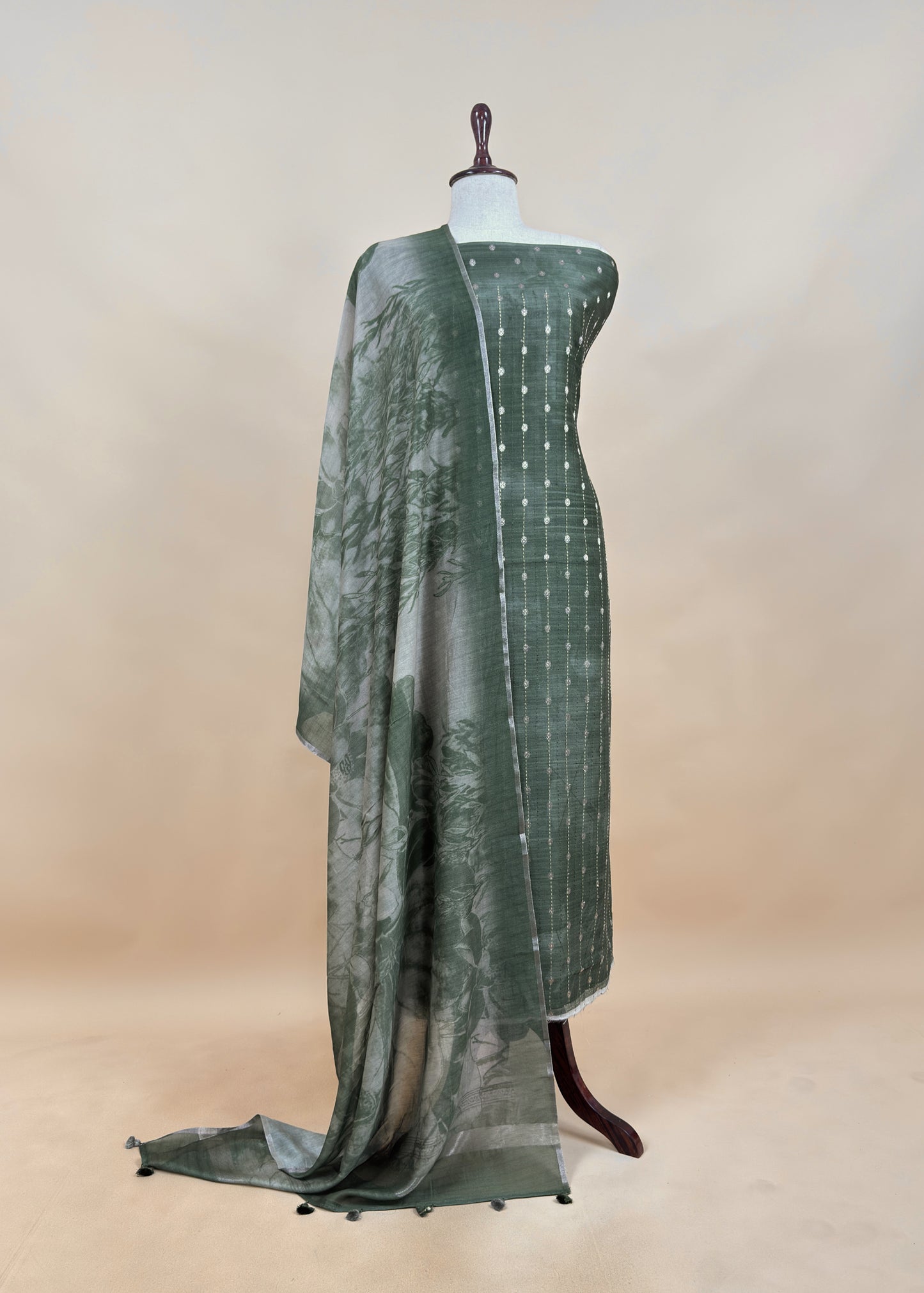 Forest Green Pure Chanderi Unstitched Suit With Banarasi Weaving And Digital Print