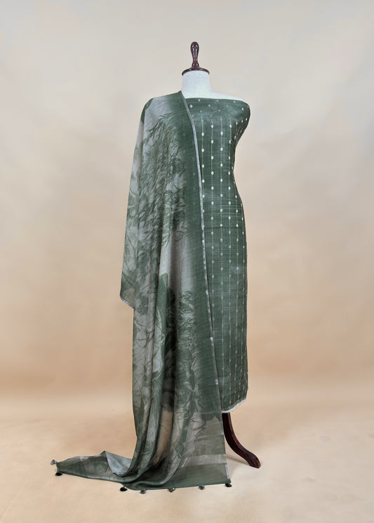 Forest Green Pure Chanderi Unstitched Suit With Banarasi Weaving And Digital Print