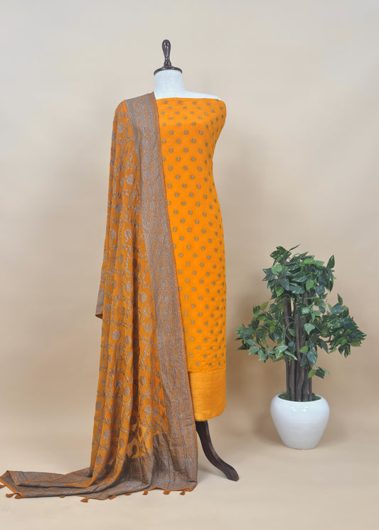 Saffron Georgette Silk suit fabric with Zari weaving