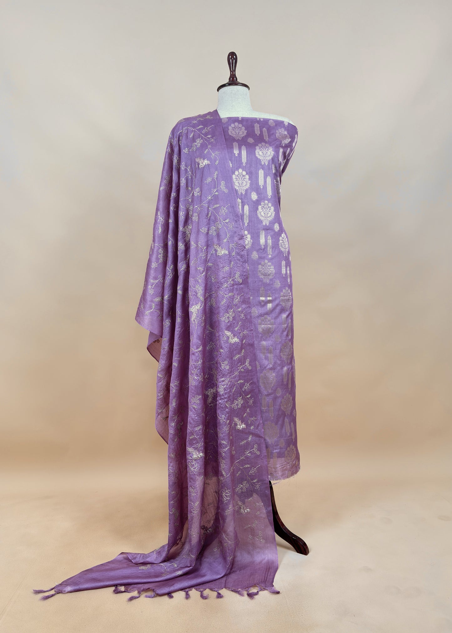 Levender Munga Tussar Suit With Zanarasi Zari Weaving And Pitta Work