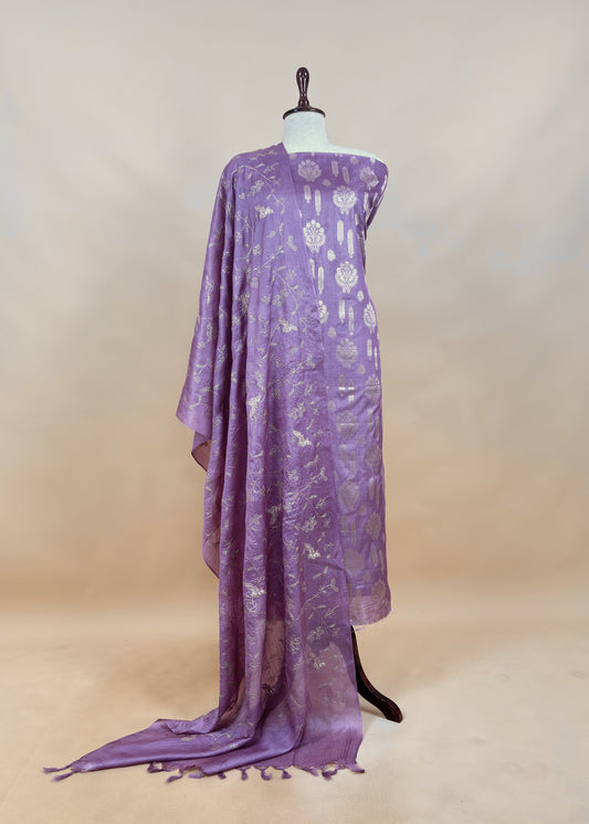 Levender Munga Tussar Suit With Zanarasi Zari Weaving And Pitta Work