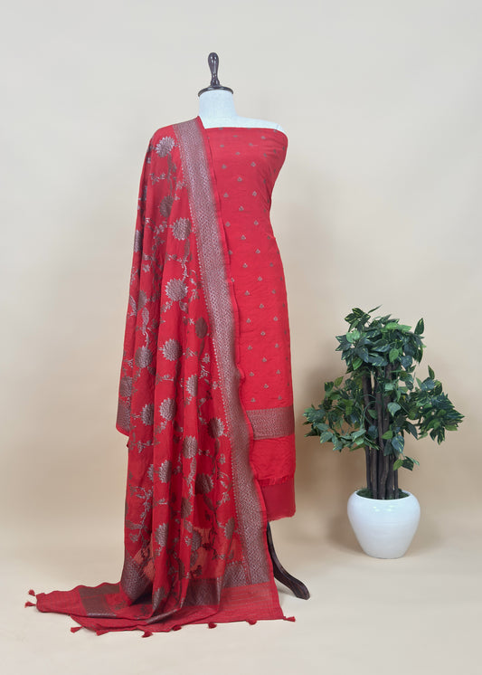 Sindoor Red Georgette Silk Suit Fabric With Shikagarh Zari weaving