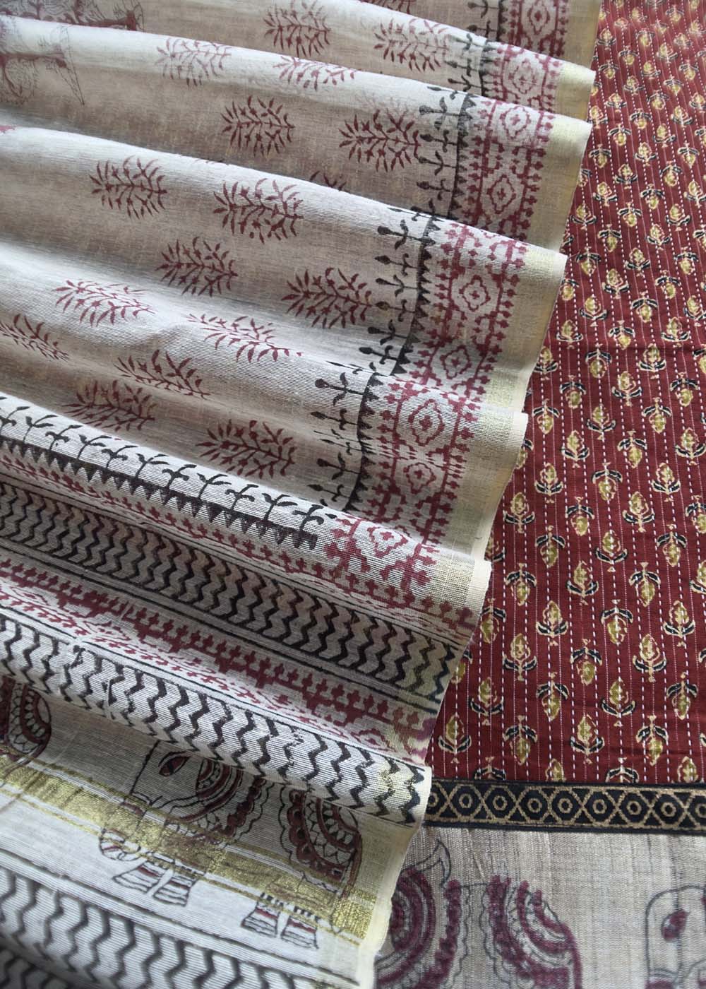 Brown Hand Block Cotton Suit With Chanderi Dupatta