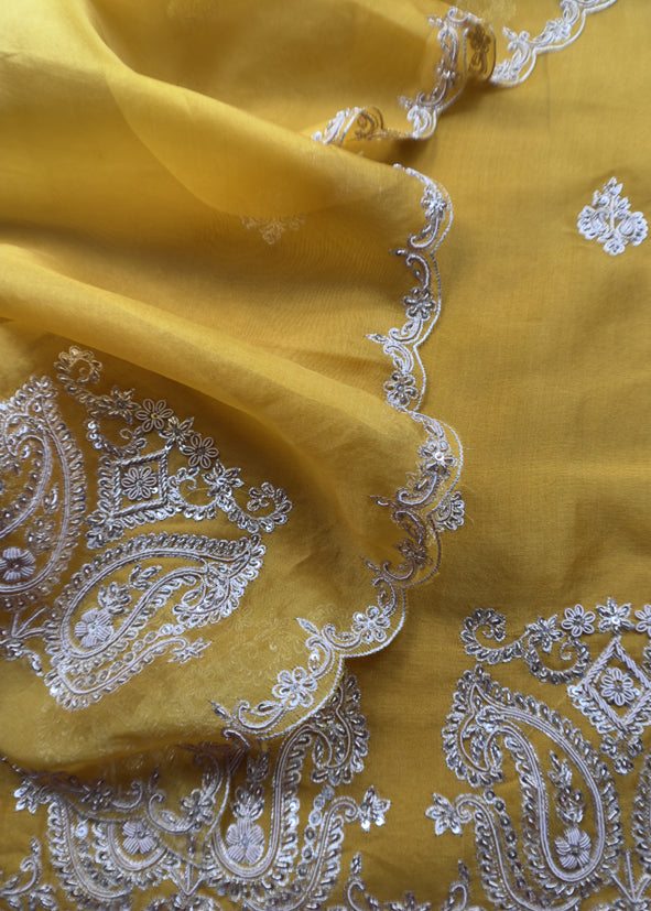 Sunflower Yellow Kora Silk Suit Fabric With Dori And Dabka Embroidery