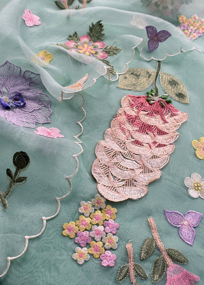 Light Blue Pastel Gardens Handloom Organza Embroidered Suit Set with 3d Applique Work
