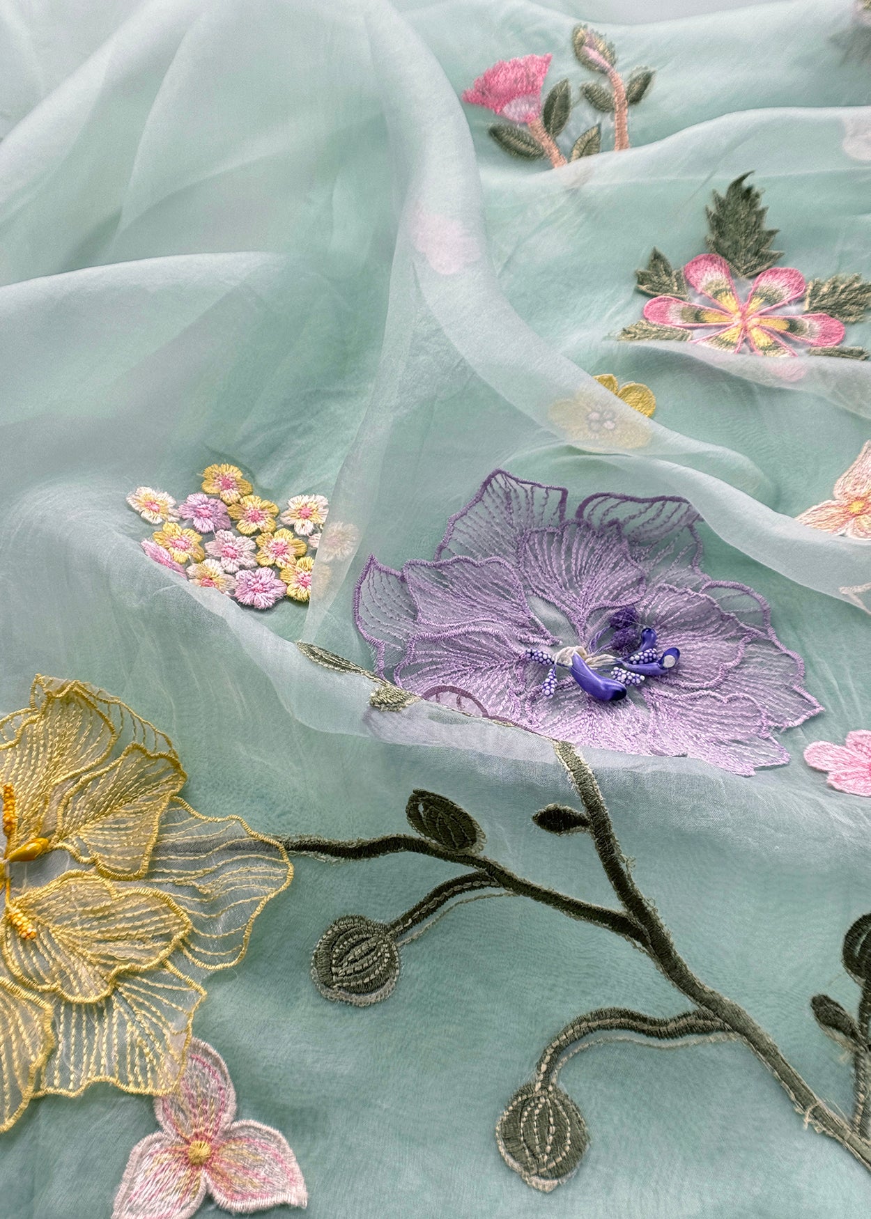 Light Blue Pastel Gardens Handloom Organza Embroidered Suit Set with 3d Applique Work