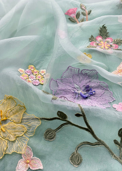 Light Blue Pastel Gardens Handloom Organza Embroidered Suit Set with 3d Applique Work