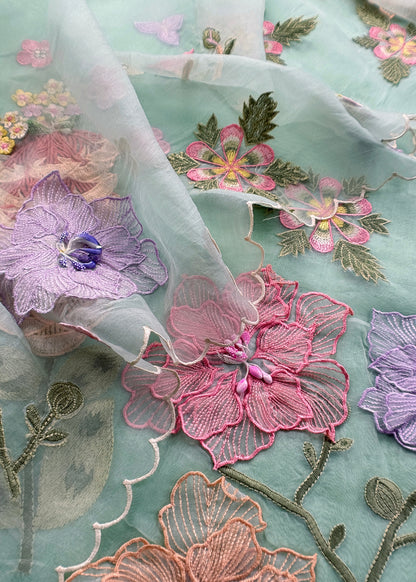 Light Blue Pastel Gardens Handloom Organza Embroidered Suit Set with 3d Applique Work
